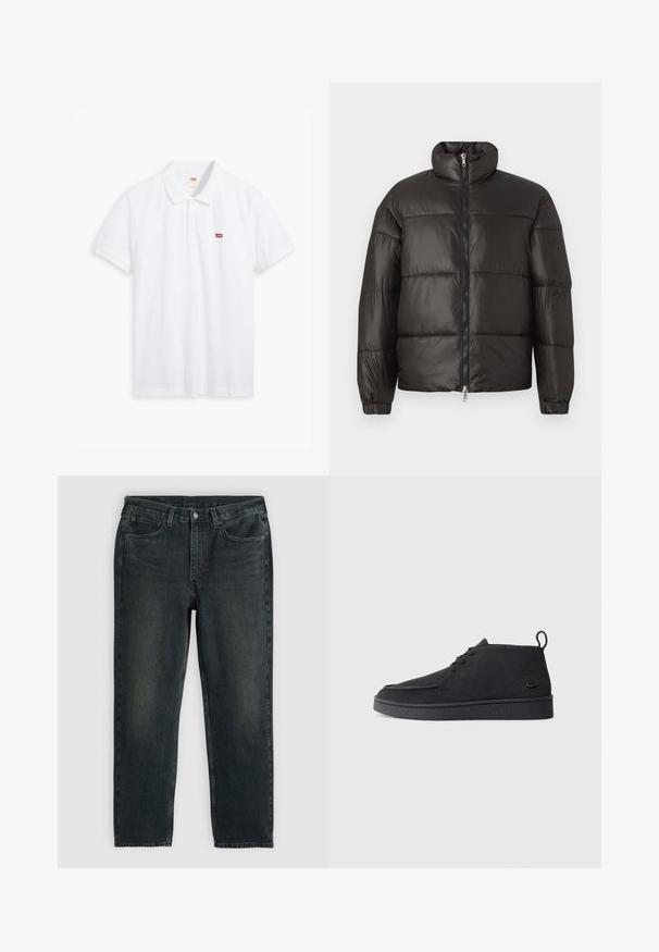 Svart puffjacka med hög krage, dragkedja och horisontella quiltade sektioner. Tillverkad av glänsande, slätt material med elastiska ärmavslut.; Vit polo skjorta i bomull. Har en treknapps öppning, korta ärmar och en liten röd Levi's-logotyp på vänster bröst.; Mörkblå denimjeans med rak benstil, med fem fickor, dragkedja och kontrasterande sömmar. Subtil utblödning på tyget.; Svart mocka snörning ankle boot med dragtab och strukturerad sula, med en liten präglad krokodil-logotyp på sidan.