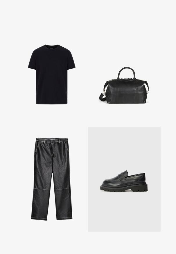 Sort pufferjakke med høj krave, lynlås lukning og vandrette quiltede sektioner. Fremstillet af skinnende, glat materiale med elastiske manchetter.; Sort kortærmet T-shirt med rund hals i glat materiale, udstyret med stikninger og et lille logomærke nær kanten.; Sorte faux læderbukser med bred ben, der har syninger og forlommer, med en glat, let reflekterende tekstur.; Sorte læder loafers med rund tå, der har en lav, kraftig gummisål med et mønstret tread og en foldet stropdetalje på overlæben.; Sort læder duffel bag med runde håndtag, en aftagelig skulderrem og subtile syninger. Glat tekstur og praktisk design.