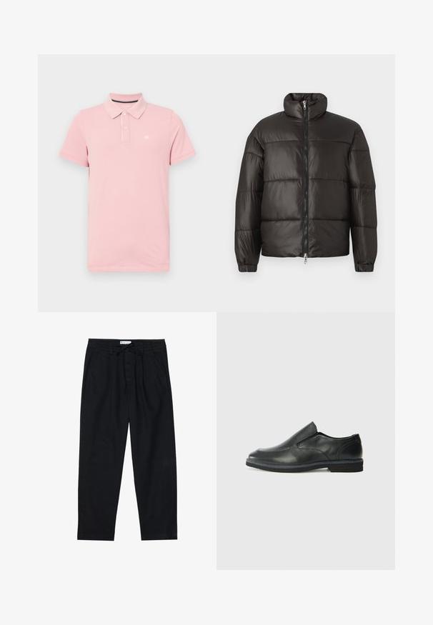 Jachetă puffer neagră cu guler înalt, închidere cu fermoar și secțiuni matlasate orizontale. Fabricată dintr-un material lucios și neted, cu mansete elastice.; Cămașă polo roz din bumbac, cu guler clasic, trei nasturi și un mic logo pe partea stângă a pieptului. Mâneci scurte și o croială standard.; Pier One Pantaloni chino - black; Pantof de piele neagră, tip slip-on, cu un superior neted, accente cusute, vârf rotunjit și un toc jos din cauciuc. Talpa are un profil minim de aderență.