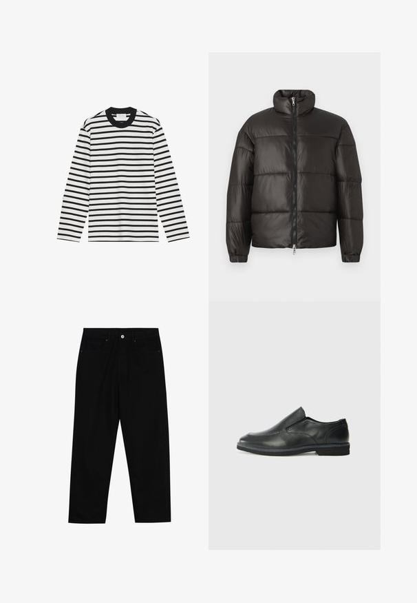 Juodas pūkuotas švarkas su aukštu apykakle, užtrauktuku ir horizontaliomis siuvinėtomis dalimis. Pagamintas iš blizgaus, lygaus audinio, su elastinėmis rankovėmis.; Ilga rankovė marškiniai juodai baltomis juostomis. Guboje apykaklė ir rankogaliai. Minkšta medžiaga su nuosekliu horizontalumu. Klasikinis kirpimas.; Juoda džinsinė kelnė su tiesiu kirpimu, penkių kišenių dizainu ir priekiniais mygtukais. Lygus paviršius su minimaliu siuvimo detalėmis.; Juodai odiniai įtvirtinimo batai su lygiu paviršiumi, siuvinėjimo akcentais, apvalia nosimi ir žemu guminiu kulnu. Pado raštas minimalus.