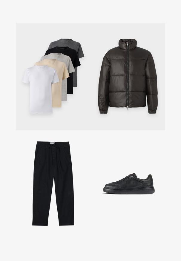 Schwarze Steppjacke mit hohem Kragen, Reißverschluss und horizontalen Steppnähten. Hergestellt aus glänzendem, glattem Material mit elastischen Bündchen.; Set aus fünf Kurzarm-T-Shirts in Weiß, Beige, Hellgrau, Dunkelgrau und Schwarz. Hergestellt aus glattem Baumwollmaterial, mit Rundhalsausschnitt.; Pier One Chino - black; Schwarze Ledersneaker mit strukturierter Oberfläche, runder Zehenpartie und sechs Ösen-Schnürung. Verfügt über eine dicke, schwarze Gummisohle und minimales Branding.