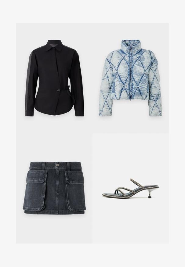 Heledsinine tikkpuffer jope, millel on teemantmuster, kõrge kaelus, pikad varrukad ja keskmine lukku sulgemine.; Mustmust metsiku wrap-disainiga must särk, millel on pikad varrukad ja tumedast hallist kangast aksessuaarid õlgadel. Kaunistuseks on nupp ja paeladetail.; Must mustri seelik, millel on vormitud vöökoht, nööbid, kaks suuri esikot ja kontrastne õmblusdetail.; Denim sandaalid kolme õhukese rihmaga, mis on kaunistatud kristallidega, terav nina ja metalne, stilettokujuline konts. Libisemisvastane põhi.