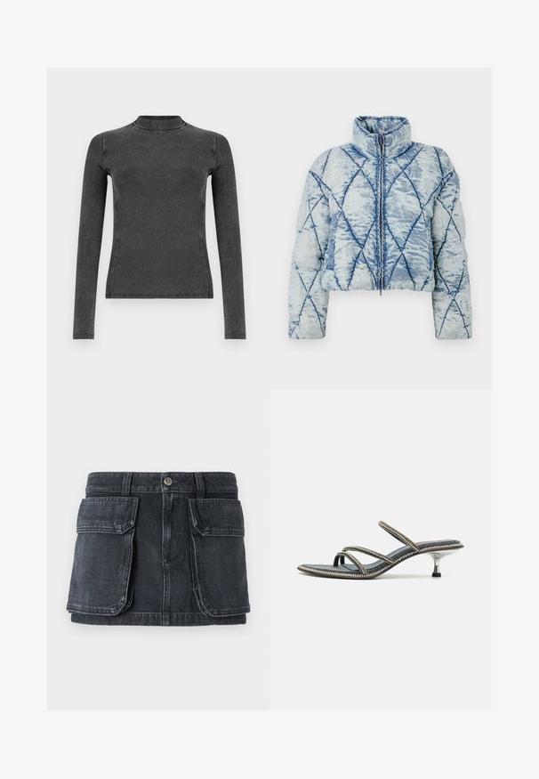 Light blue quilted puffer jacket with diamond pattern, high collar, long sleeves, and central zipper closure.; Black long-sleeve top made of ribbed fabric, featuring a high neckline and slim fit. Stitching details accentuate the shape.; Black denim skirt with a fitted waist, button closure, two large front pockets, and contrasting stitching detailing.; Denim sandal with three thin straps adorned with rhinestones, pointed toe, and a metallic, stiletto-style heel. Non-slip base.