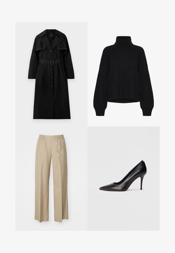 Sort trenchcoat lavet af glat stof. Har et bælte i taljen, stor krave, knaplukning og dekorative sølvøjer foran.; Sort turtleneck sweater med et cropped design, lavet af fluffy stof. Har brede ærmer og en ribbet tekstur ved kraven.; Beige vide ben bukser lavet af blødt stof; har en elastisk talje med samlede detaljer; minimalistisk design uden lommer.; Sort læder højhælet pump med spids tå, glat tekstur og elegant design. Har en slank, forhøjet hæl og en lavudskåret front.