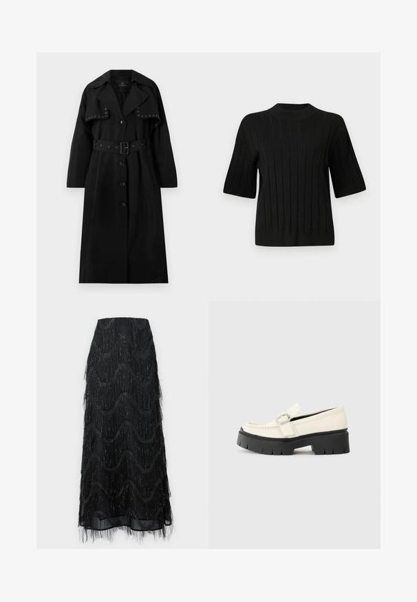 Black trench coat made from smooth fabric. Features a belted waist, large collar, button closure, and decorative silver grommets on the front.; Black short-sleeve sweater with ribbed texture and a high neckline, featuring vertical lines and a fitted silhouette.; Black midi skirt featuring layered fringe and wave patterns. Made from sheer material with sparkly accents along the edges.; White leather loafer with a chunky black platform sole, featuring a rectangular silver buckle and visible stitching detail on the upper.