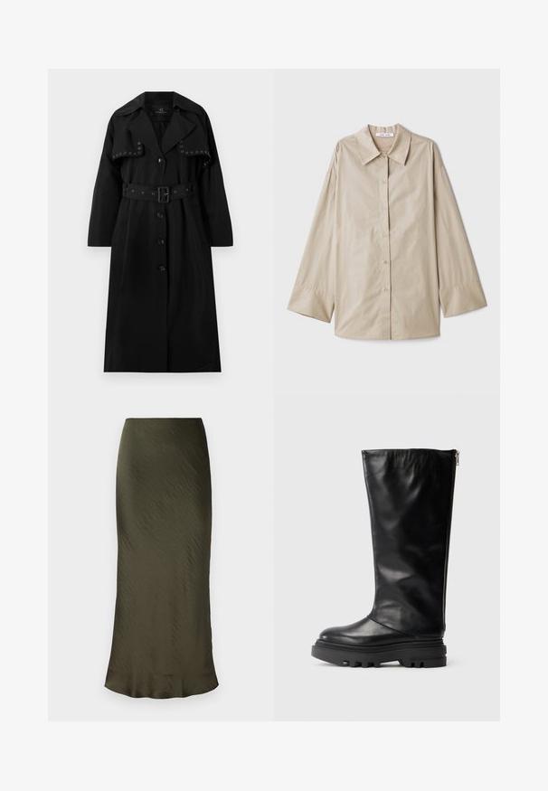 Palton negru dintr-un material neted. Are un cordon la talie, un guler mare, închidere cu nasturi și eyelets decorative din argint pe față.; Cămașă bej cu mânecă lungă, cu un colier mare, ascuțit, cu închidere cu butoane la față și mansete late. Confecționată dintr-un material neted și ușor.; Fustă de lungime medie, verde măsliniu, realizată dintr-un material neted, ușor, cu o textură ușor plisată și o siluetă dreaptă.; Botă de piele neagră, de lungime până la genunchi, cu vârf rotund, talpă din cauciuc masivă și fermoar pe lateral pentru închidere. Textură netedă cu detalii minime.