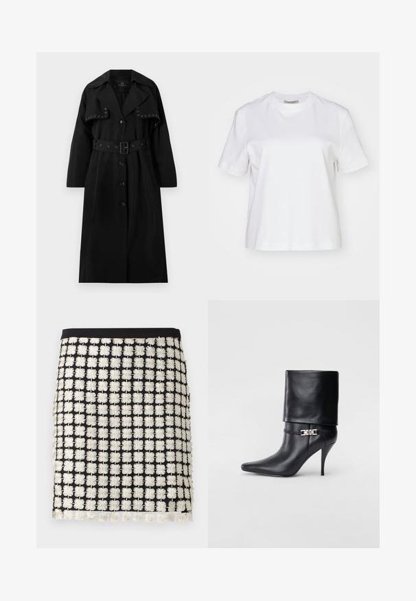 Abrigo negro tipo trench hecho de una tela suave. Presenta una cintura con cinturón, gran cuello, cierre de botones y ojales decorativos plateados en la parte delantera.; AllSaints LISA - Camiseta básica - white; Falda negra con un diseño estructurado que presenta patrones bordados florales en blanco. Los detalles incluyen flecos a lo largo del dobladillo y una cintura ajustada.; Botín de cuero negro hasta el tobillo con punta afilada, tacón alto de aguja, puño doblado y un detalle decorativo de hebilla dorada en el tobillo.