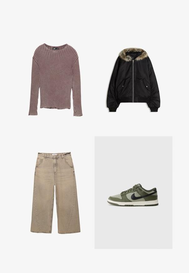 Svart bomberjacka med huva i fuskpäls, dragkedjestängning och sidofickor. Har ribbade ärmslut och nederkant, med en slät yttre textur.; Långärmad, ribbad topp i en mauve färg. Tillverkad av mjukt tyg med en avslappnad passform och rundad halsringning. Slutar strax ovanför midjan.; PULL&BEAR MEGA BAGGY - Baggy jeans - light grey; Gröna och svarta Nike-sneakers med texturerat läder och mesh-material, med en perforerad tåbox och gummisula.