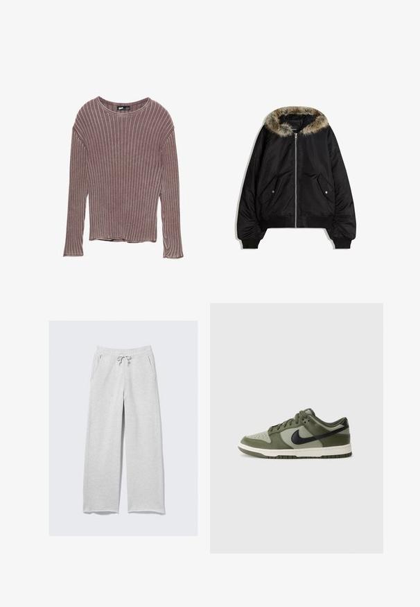 Veste bomber noire avec une capuche en fausse fourrure, fermeture éclair et poches latérales. Présente des poignets et un ourlet côtelés, avec une texture extérieure lisse.; Haut à manches longues, en ribbed, de couleur mauve. Fabriqué en tissu doux avec une coupe décontractée et un col rond. Se termine légèrement au-dessus de la taille.; Pantalons de survêtement gris clair en tissu doux, dotés d'une taille élastique avec cordon de serrage et de poches latérales. Design ample à jambe droite.; Baskets Nike vertes et noires avec des matériaux en cuir texturé et en mesh, dotées d'une boîte à orteils perforée et d'une semelle en caoutchouc.