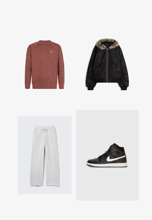 Black bomber jacket with a faux fur hood, zip closure, and side pockets. Features ribbed cuffs and hem, with a smooth exterior texture.; Maroon crewneck sweatshirt in soft cotton blend. Features raglan sleeves and a small logo patch on the chest. Smooth texture, ribbed cuffs.; Light gray sweatpants made of soft fabric, featuring an elastic waistband with a drawstring and side pockets. Loose, straight-leg design.; Black and brown high-top sneakers with leather upper, white swoosh logo, perforated toe, and rubber sole. Features black laces and collar.