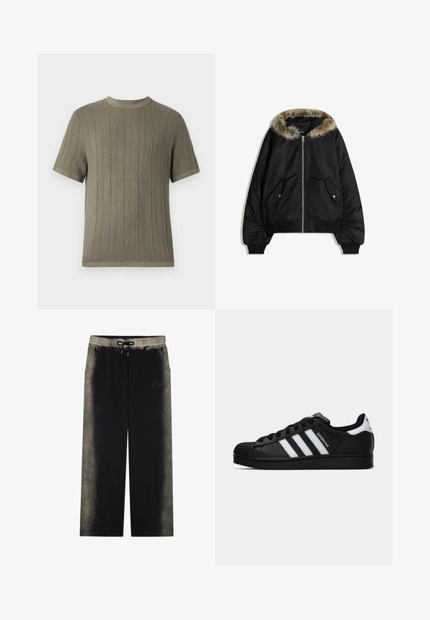 Schwarze Bomberjacke mit einer Kapuze aus Kunstfell, Reißverschluss und Seitentaschen. Verfügt über gerippte Bündchen und Saum, mit einer glatten Oberflächenstruktur.; Olivgrünes kurzärmliges Strick-T-Shirt mit gerippter Textur, Rundhalsausschnitt und geradem Saum. Mit gleichmäßig verteilten vertikalen Streifen.; YOURTURN UNISEX - Jogginghose - black; Schwarzer Adidas Superstar Sneaker mit weißen Streifen, Schalenzehen und "Superstar"-Schriftzug an der Seite, im Seitenprofil auf weißem Hintergrund dargestellt.