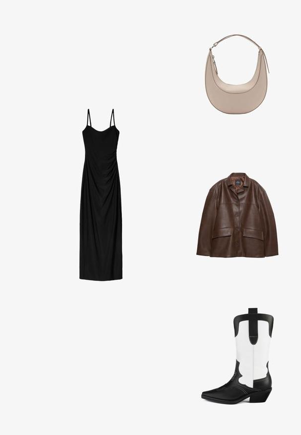 Jachetă din piele texturată maro cu închidere cu nasturi, guler ascuțit și două buzunare cu clapetă pe un fundal alb.; Rochie midi neagră cu bretele subțiri ajustabile, având un design drapat și o textură netedă. Fără modele vizibile sau aplicații.; Botă cowboy alb-negru din piele sintetică, cu vârf ascuțit, design în formă de ondulare și toc mic. Detalii notabile de cusătură.; Geantă de umăr din piele bej, cu o formă de semilună, textură netedă și un singur mânere curbat. Dispune de o închidere cu fermoar și cusături bine realizate.