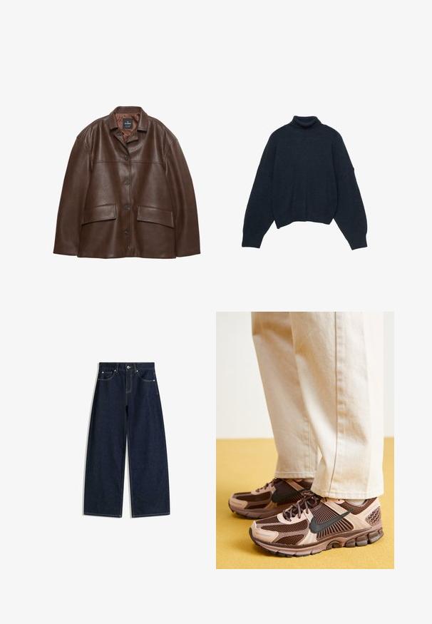 Smešasta smeđa kožna jakna s gumbima sprijeda, šiljastim ovratnikom i dva preklopna džepa na bijeloj pozadini.; Tamnoplavi pulover s rolkom slobodnog kroja. Izrađen od mekane pletene tkanine, s spuštenim ramenima i skraćenim rubom.; Tamnoplave široke traper hlače s prednjim džepovima, kopčanjem na gumbe i vidljivim šavovima na bijeloj pozadini.; Nike tenisice imaju kombinaciju smeđe i svijetloružičaste mrežaste tkanine i gume, s crnim akcentima i teksturiranim potplatom, u kombinaciji s bež hlačama.