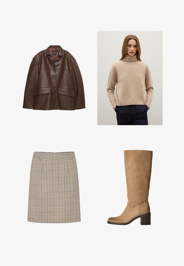 Braune strukturiertes Lederjacke mit Knopfleiste, spitzem Kragen und zwei Klappen-Taschen auf einem weißen Hintergrund.; Beige Wollrollkragenpullover mit einem leicht übergroßen Schnitt, geripptem Kragen und Bündchen, kombiniert mit dunkelblauen Hosen. Glatte Textur.; Karierter Rock mit einem taillierten Bund, der vertikale und horizontale Linien in Beige und Braun aufweist, hergestellt aus einem leichten Stoff.; Beige Wildlederstiefel in kniehoher Länge mit eckiger Spitze, Blockabsatz und minimaler Naht. Das Obermaterial hat eine glatte, matte Textur.