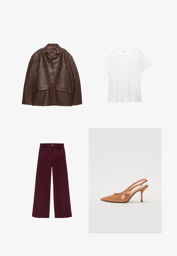 Hnedá štruktúrovaná kožená bunda s gombíkovým zapínaním, so špicatým golierom a dvoma náprsními vreckami na bielom pozadí.; Biele tričko vyrobené z mäkkého, ľahkého materiálu. Má okrúhly výstrih a krátke, široké rukávy s uvoľneným strihom. Bez viditeľných vzorov.; Bordové široké nohavice vyrobené z mäkkej zmesi bavlny, s predným zapínaním na gombík, dvoma bočnými vreckami a čistým lemom.; Sandal s úzkym podpätkom a špicatou špičkou v hladkej lesklej hnedej materiáli. Obsahuje zakrivený výrez a štíhly ihlový podpätok. Strieborný prackový detail.