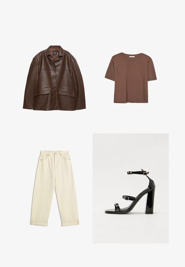 Smešasta smeđa kožna jakna s gumbima sprijeda, šiljastim ovratnikom i dva preklopna džepa na bijeloj pozadini.; Smeđi kratki rukav majica od mekog materijala, s okruglim izrezom i opuštenim krojem. Nema vidljivih uzoraka ili naglasaka.; Kremasti traperice s opuštenim krojem, s preokrenutim manžetama, kontrastnim narančastim šavovima te prednjim i stražnjim džepovima.; Crne lakirane sandale na visoku petu s dva remena s kopčama, kvadratnim vrhom i masivnom blok petom, s glatkom, sjajnom teksturom.