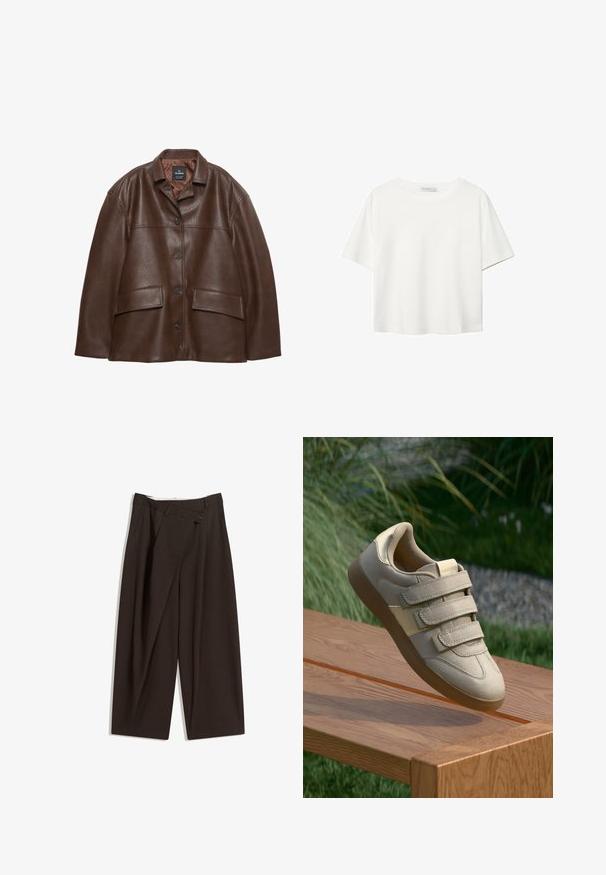 Hnědá texturovaná kožená bunda s předním zapínáním na knoflíky, špičatým límcem a dvěma klopovými kapsami na bílém pozadí.; Bílý krátký rukáv tričko vyrobené z bavlny. Má kulatý výstřih a volný střih. Hladký materiál bez viditelných vzorů nebo akcentů.; Tmavě hnědé široké kalhoty s vysokým pasem, vybavené jedním tlačítkem na zapínání a plisovaným předním dílem. Vyrobené z lehkého materiálu.; Beige tenisky se třemi suchými zipy, hladký syntetický nubuk, zaoblená špička a gumová podešev, vystavené na dřevěném povrchu.