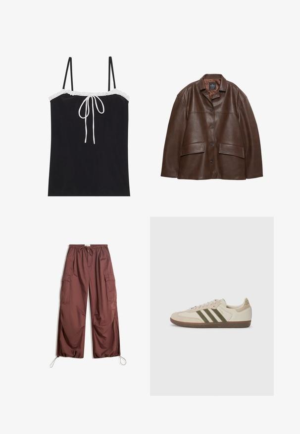 Rjav usnjeni jopič s teksturo, gumbom spredaj, sponastim ovratnikom in dvema žepoma s poklopcem na belem ozadju.; Črna kamizola s prilagodljivimi tankimi naramnicami, z belim volančastim izrezom in središnjo vezavo. Gladka tekstura, preprost dizajn.; Široke rjave cargo hlače z elastičnim pasom, vrvico za zategovanje, velikimi stranskimi žepi in nastavljivimi vrvicami pri gležnjih.; adidas Originals SAMBA OG UNISEX - Športni copati - alumina/medium dark khaki/gum