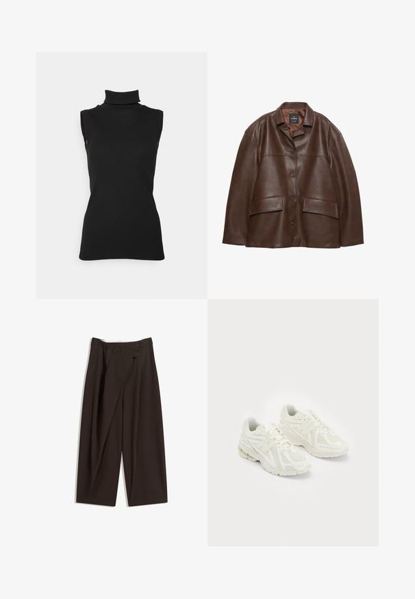 Hnedá štruktúrovaná kožená bunda s gombíkovým zapínaním, so špicatým golierom a dvoma náprsními vreckami na bielom pozadí.; Čierny bezrukávový rolák vyrobený z rebrovanej látky, s vysokým golierom a priliehavým strihom. Hladká textúra s minimálnym zdobením.; Tmavohnedé široké nohavice s vysokým pásom, s jedným gombíkom a záhybmi vpredu. Vyrobené z ľahkej textílie.; Biele športové topánky vyrobené z mäkkej sieťoviny a syntetických materiálov, dizajn na šnurovanie, polstrovaný golier a textúrová podrážka pre lepšiu trakciu. Ľahká konštrukcia.