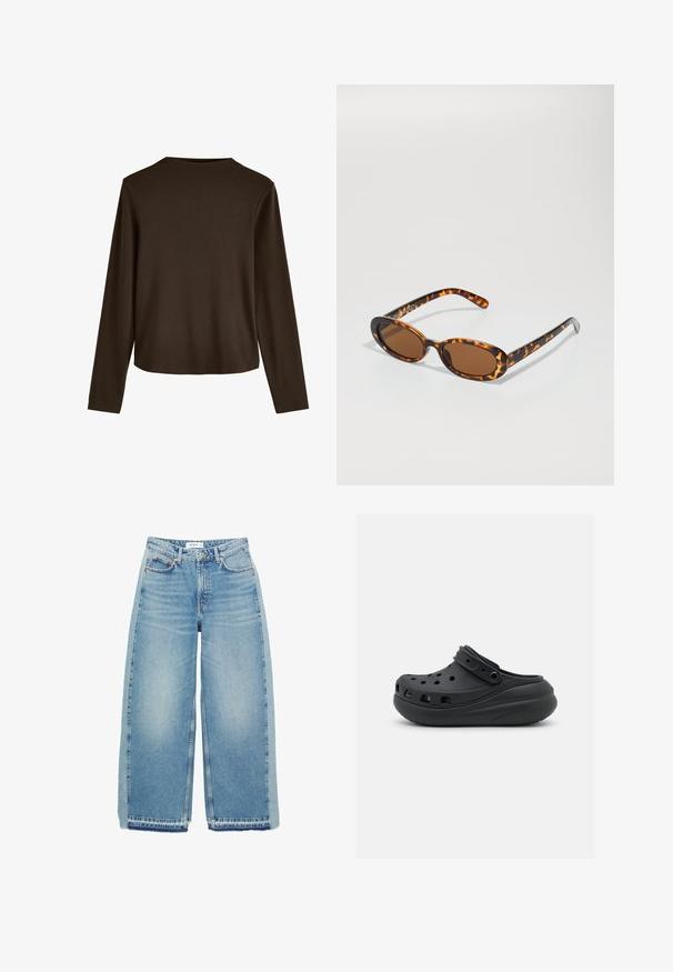 Braune strukturiertes Lederjacke mit Knopfleiste, spitzem Kragen und zwei Klappen-Taschen auf einem weißen Hintergrund.; Braunes, langärmliges Oberteil mit runden Ausschnitt und lockerer Passform, aus weichem Baumwollmaterial mit glatter Textur.; Helleblaue, weit geschnittene Jeans aus Denim, mit hoher Taille, Knopfverschluss, Vordertaschen und rohem Saum.; Schwarzer Gummischuh mit Belüftungsöffnungen, erhöhtem Absatz und verstellbarem Riemen. Glatte Textur und abgerundete Form.; Schildpatt-Sonnenbrille mit ovalen Rahmen, braunen Gläsern und schlanken schwarzen Bügeln mit subtilen Musterakzenten.; Rotes, dreieckiges Textilaccessoire mit einer weichen, gestrickten Textur. Es verjüngt sich von einem breiteren oberen Teil zu einem spitzen unteren Ende und eignet sich für verschiedene Stylings.