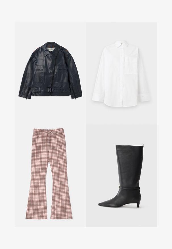 Navy leather jacket with a structured design, featuring zippered front, two chest pockets, and contrasting brown accents on the shoulders.; White button-up shirt made of cotton. Features long sleeves, a collared neck, and a single chest pocket. Smooth texture, classic design.; Brown and white checkered flared pants with an elastic waist and drawstring, made of lightweight fabric, featuring a relaxed fit and smooth texture.; Black leather knee-high boot with a pointed toe, accented by a circular strap around the ankle and a low, tapered heel. Smooth texture.