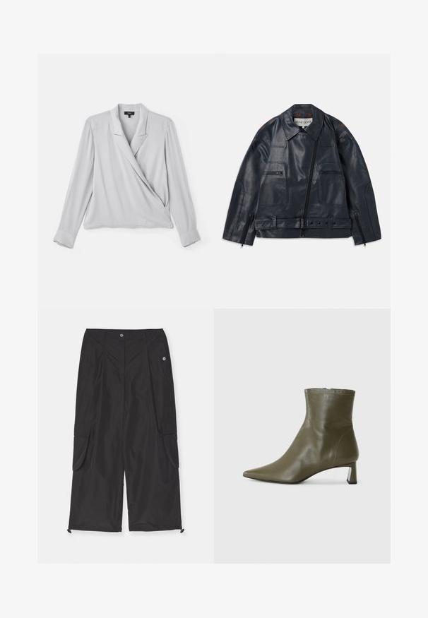 Chaqueta de cuero marina con un diseño estructurado, que presenta un cierre frontal con cremallera, dos bolsillos en el pecho y acentos marrones contrastantes en los hombros.; Theory LAPEL WRAP - Blusa - platinum; Pantalones cargo negros hechos de una tela ligera que cuentan con bolsillos laterales, un dobladillo ajustable con cordón y un cierre de botón.; Bota de tobillo de cuero verde oliva con punta afilada y tacón de bloque de 4 cm; textura suave y diseño minimalista con cierre de cremallera.