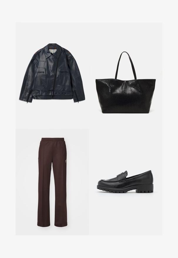 Haditengerészeti bőrkabát strukturált dizájnnal, cipzáras elülső résszel, két mellzsebbel és kontrasztos barna díszítéssel a vállakon.; Fekete, hosszú ujjú felső, sima, rugalmas anyagból készült. Magas nyakkivágással és karcsú fazonnal rendelkezik, enyhén bővülő csuklókkal.; Barna sport nadrág rugalmas derékkal, két oldalsó zsebbel és egy kis logóval a bal oldalon, puha anyagból készült.; Fekete bőrlazacok lekerekített orral, varrott díszítéssel és vastag gumitalppal, amelyen látható mintázat található. Simító felület.; Fekete szövött bevásárlótáska két strapabíró füllel, fényes felülettel és tágas, nyitott tetejű kialakítással.