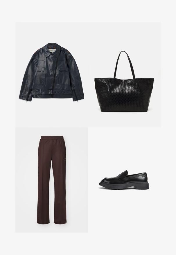 Tumesinine nahkjakk, millel on struktureeritud disain, lukuga esikülg, kaks rinna-taskut ja kontrastsed pruunid aktsendid õlgadel.; Must mustaika, pikkade varrukatega pehme ja veniva kangaga. Omab kõrget krae ja kitsast siluetti, kergelt laienevate randmetega.; Kohvilised spordipüksid elastse vöökohtaga, kahe külgmise taskuga ja väikese logoga vasakul küljel, valmistatud pehmest kangast.; Must have musta musta palju tumedat nahast loaferit, paksu kummist tallaga, penny rihmaga ja ümarate varvastega, nähtud külgprofilis valgel taustal.; Must mustri õmmeldud kott kahe tugeva käepidemega, millel on läikiv tekstuur ja avar avatud ülaosa disain.