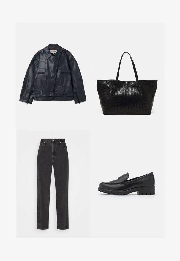 Jūras zila ādas jaka ar strukturētu dizainu, kas ietver rāvējslēdzēju priekšpuses, divas krūšu kabatas un kontrastējošus brūnus akcentus uz pleciem.; Melnas garām piedurknēm tops, izgatavots no gluda, elastīga auduma. Tam ir augsta kakla izgriezums un pieguļošs dizains, ar nedaudz izplūdušām aprocēm.; Melnas džinsus ar taisnu kāju un augsto jostu, ar priekšējo pogu un rāvējslēdzēju, kā arī piecu kabatu dizainu uz balta fona.; Melnas ādas loafers ar noapaļu pirkstu, šuvi akcenta un masīvu gumijas zoli ar redzamu protektoru. Gluda virsma.; Melnā austā iepirkumu soma ar divām stiprām rokturiem, kas izceļas ar spīdīgu virsmu un plašu atvērtu augšdaļu.