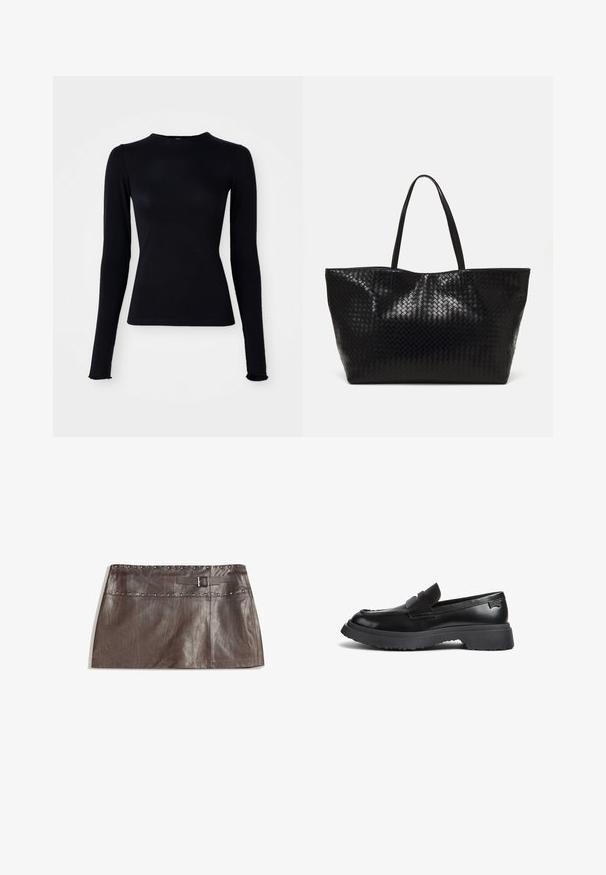 Navy leather jacket with a structured design, featuring zippered front, two chest pockets, and contrasting brown accents on the shoulders.; Black long-sleeve top made of a smooth, stretchy fabric. Features a high neckline and slim fit, with slightly flared wrists.; Brown leather mini skirt featuring a studded waistband and a belt loop with a buckle, smooth texture, and sleek, straight design.; Black leather loafer with a thick rubber sole, penny strap, and rounded toe, shown in side profile on white background.; Black woven tote bag with two sturdy handles, featuring a glossy texture and a spacious open top design.