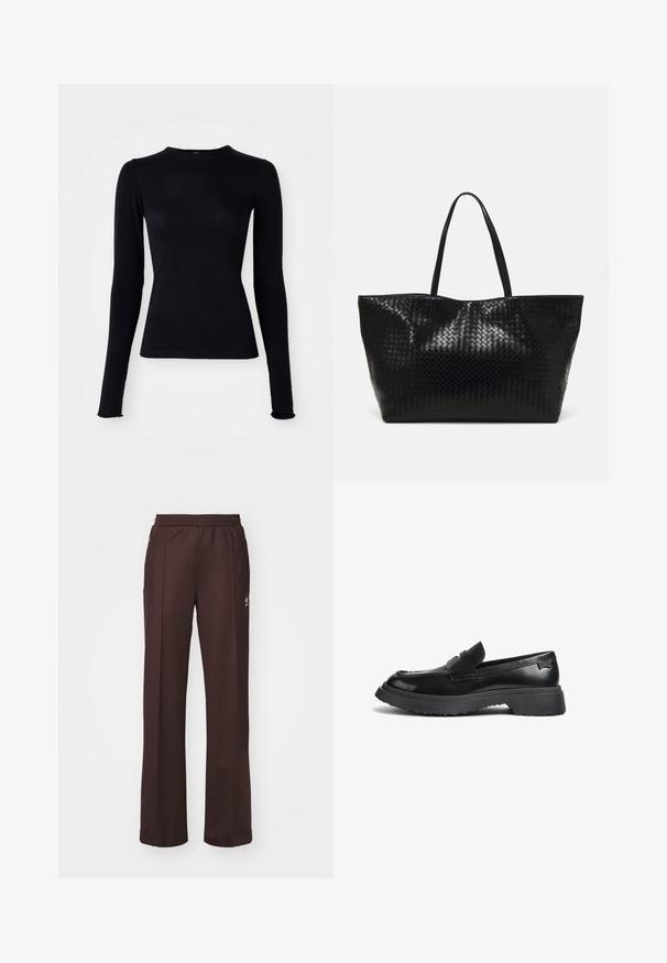 Navy leather jacket with a structured design, featuring zippered front, two chest pockets, and contrasting brown accents on the shoulders.; Black long-sleeve top made of a smooth, stretchy fabric. Features a high neckline and slim fit, with slightly flared wrists.; Brown athletic pants with an elastic waistband, two side pockets, and a small logo on the left side, made from a soft fabric.; Black leather loafer with a thick rubber sole, penny strap, and rounded toe, shown in side profile on white background.; Black woven tote bag with two sturdy handles, featuring a glossy texture and a spacious open top design.