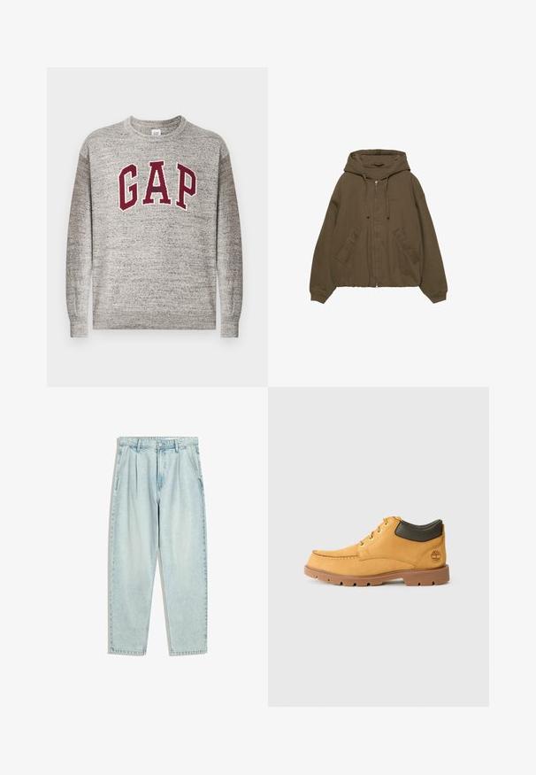 Bruine zip-up hoodie met een capuchon, kangoeroe-pocket, geribbelde manchetten en een ontspannen pasvorm. Gemaakt van zachte stof met een gladde textuur.; Grijze crewneck trui met maroon "GAP" letters en kleine "Athletic" tekst gecentreerd op de borst, ribgebreide manchetten en onderrand.; Lichtblauwe denim jeans met een losse pasvorm, featuring een hoge taille, plooien en een rechte pijpdesign. Gladde textuur, minimale slijtage.; Geel leren schoen met een bruine rubberen zool, ronde neus en groene leren enkeldetail. Bevat gouden oogjes en stiksels.