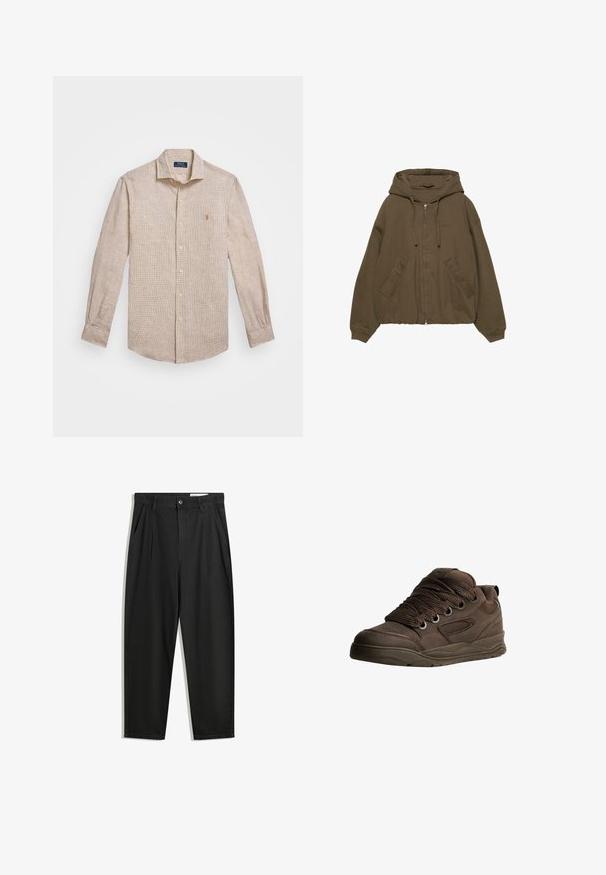 Brauner Zip-Hoodie mit Kapuze, Kängurutaschen, gerippten Bündchen und lässiger Passform. Hergestellt aus weichem Stoff mit glatter Textur.; Helle beige Langarm-Hemd mit Knöpfen und einem dezenten Kariertmuster, Kragen und kleinem Logo auf der Brust im klassischen Schnitt.; Schwarze Baumwollhose mit lockerem Schnitt, ausgestattet mit einem klassischen Bund, vorderen Falten und Seiten taschen. Glatte Textur ohne Muster.; Braune Sportschuhe aus glattem synthetischem Material. Mit dicken Schnürsenkeln, Mesh-Akzenten, gepolstertem Schaft und strukturiertem Gummisohle.