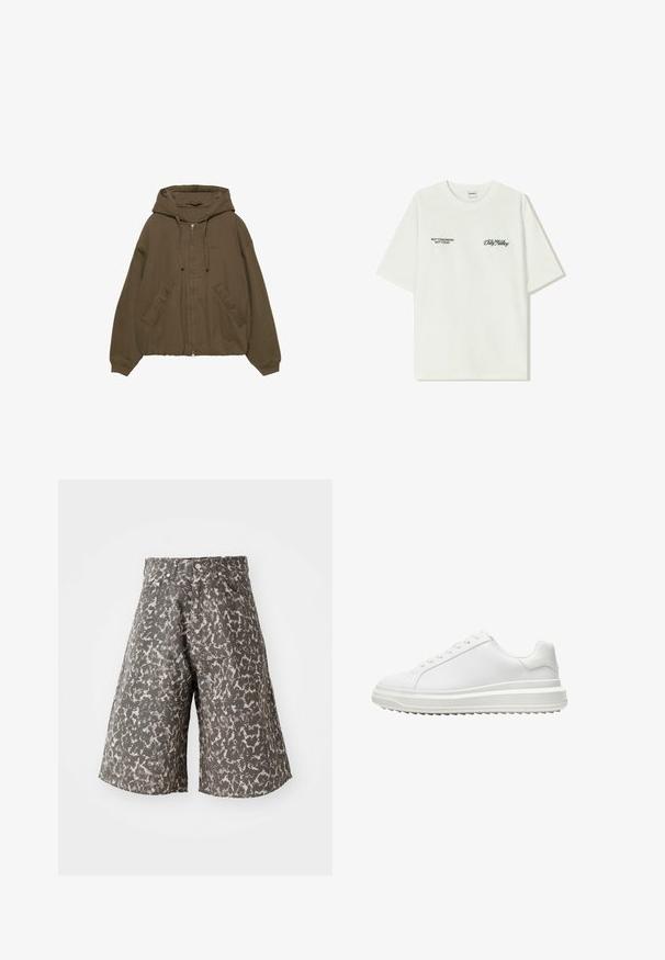 Felpa marrone con zip, cappuccio, tasche a marsupio, polsini a coste e vestibilità rilassata. Realizzata in morbido tessuto con una superficie liscia.; T-shirt bianco in cotone con maniche corte. La parte anteriore presenta testo nero: "NON DOMANI NON OGGI" e "L'ARTE DEL MUOVERE LA POLVERE" in corsivo verde.; Shorts con stampa camouflage in tonalità di grigio e beige. Realizzati in tessuto testurizzato, presentano un classico design a cinque tasche e chiusura con bottone in metallo.; Sneaker bianco con una tomaia sintetica liscia, punta rotonda, lacci piatti, suola testurizzata e un design a piattaforma stratificata per un'altezza extra.