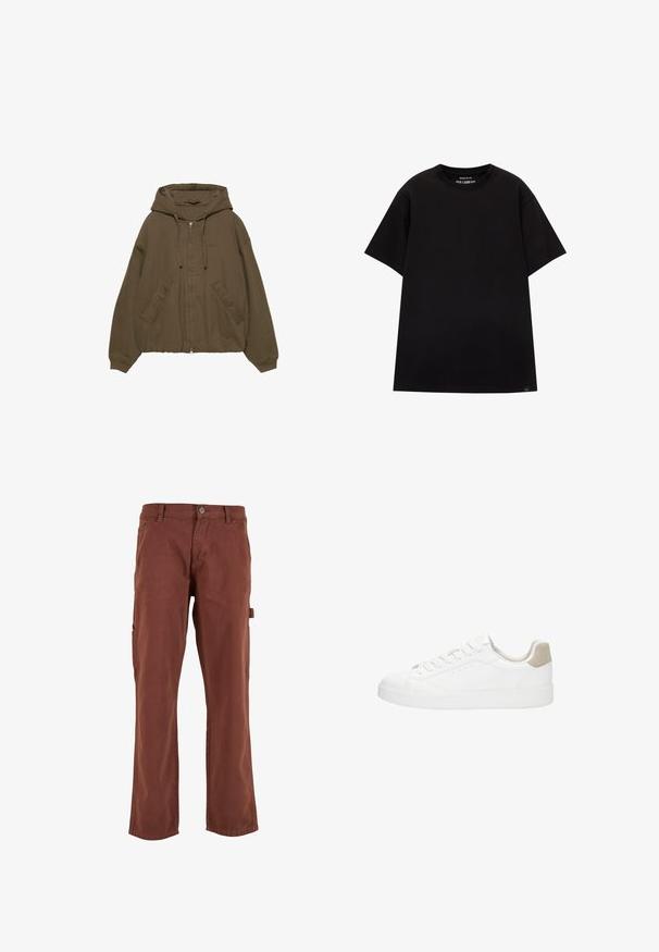 Ruskea vetoketjullinen huppari, jossa on huppu, kenguru-taskut, ribattu hihansuut ja rento istuvuus. Valmistettu pehmeästä kankaasta, jolla on sileä pinta.; PULL&BEAR JOIN LIFE - T-paita - black; Ruske hlače s ravnim nogavicam, izdelane iz trpežne tkanine. Imajo stranske žepe in gumbasto zapiranje na pasu.; Valkoiset lenkkarit, joissa on sileä nahkainen päällinen ja pyöreä varvas. Mukana on vaalea sametinen kantapään pehmuste, litteät nauhat ja valkoinen kumipohja.