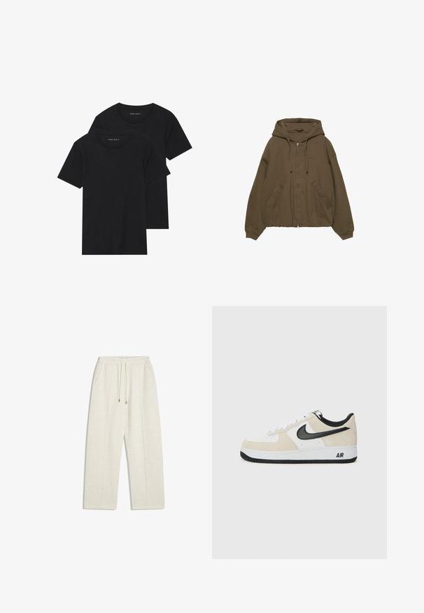 Hnedá mikina na zips s kapucňou, klokankovými vreckami, rebrovanými manžetami a voľným strihom. Vyrobená z mäkkej látky s hladkou textúrou.; Dvoje čiernych bavlnených tričiek s krátkymi rukávmi, okrúhlym výstrihom a hladkou textúrou, vystavených naskladaných spolu.; Svetlo béžové, široké tepláky vyrobené z jemnej látky. Majú elastický pás s šnúrkou a bočné vrecká pre praktické využitie.; Tenisky s hornou časťou z ľahkej béžovej semišovej kože a bielej kože, čierny Nike swoosh, čierne akcenty a biela gumová podrážka s brandingom "AIR".