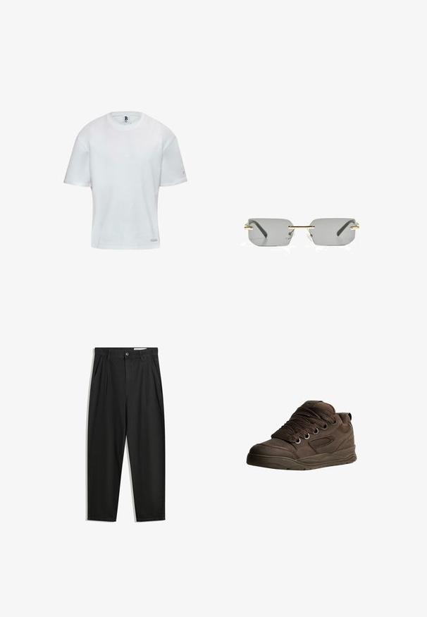 Felpa marrone con zip, cappuccio, tasche a marsupio, polsini a coste e vestibilità rilassata. Realizzata in morbido tessuto con una superficie liscia.; T-shirt bianco in cotone con scollatura rotonda e maniche corte. Taglio dritto con un piccolo logo sul lato. Texture liscia.; Pantaloni in cotone neri con una vestibilità rilassata, dotati di una vita classica, pieghe frontali e tasche laterali. Tessuto liscio senza fantasie.; Scarpe atletiche marroni realizzate in materiale sintetico liscio. Caratterizzate da lacci spessi, dettagli in rete, collo imbottito e suola in gomma testurizzata.; Bershka RECTANGULAR - Occhiali da sole - black