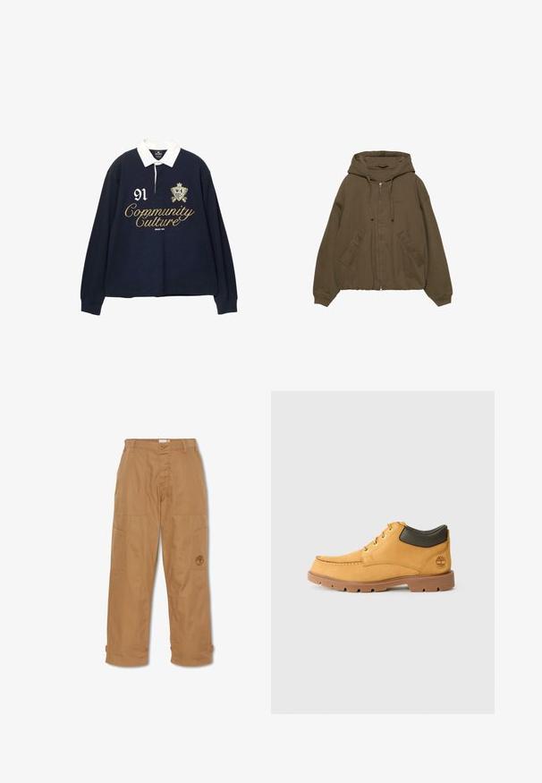 Brun zip-up hættetrøje med hætte, kængurulommer, ribbede manchetter og en afslappet pasform. Fremstillet af blødt stof med en glat tekstur.; Marine langærmet polo t-shirt med hvid krave, prydet med guld broderet tekst "Community Culture" og tallet "91" samt et dekorativt våbenskjold.; Khaki arbejdsbukser, lavet af slidstærkt stof, har flere lommer, knaplukning og broderet logo på låret.; Gul læder sko med brun gummisål, rund tå og grøn læderdetalje ved anklen. Har guldøjer og stikningsdetaljer.