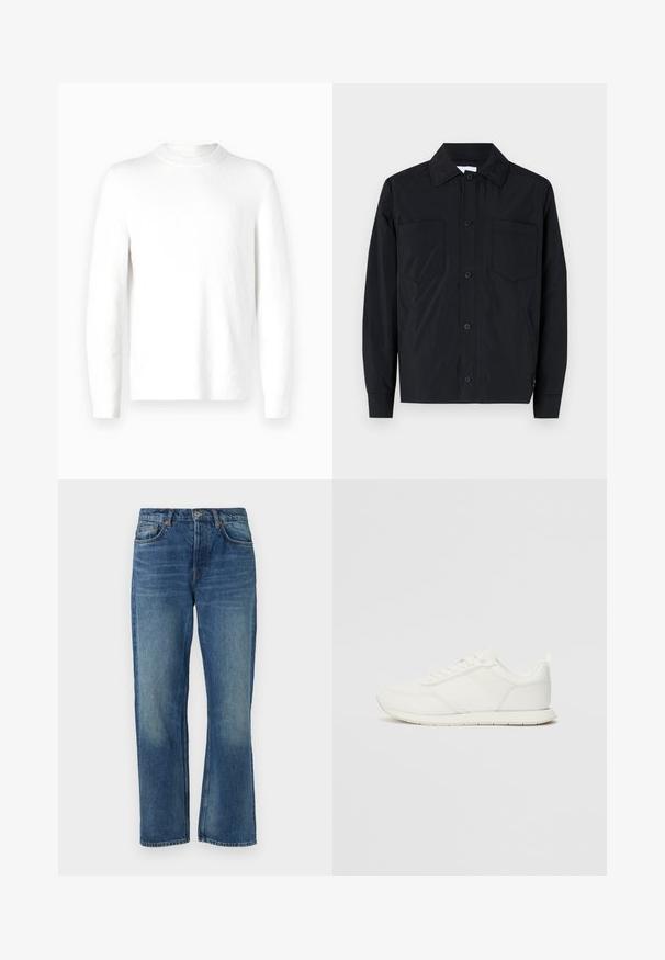 Svart knappjakke laget av lett stoff, med to brystlommer, rett krage og lange ermer. Glatt tekstur uten mønster.; Hvit genser med lange ermer, laget av strukturert stoff og med rund hals. Designet er minimalistisk uten synlige mønstre eller detaljer.; Blå denimjeans med rett snitt, med et klassisk femlommers design, falmet tekstur og kobbernitter.; Hvit sneaker med en mesh- og syntetisk overdel, rund tå, flate lisser og en teksturert sidestropp. Gummisåle med en pull-tab bak.