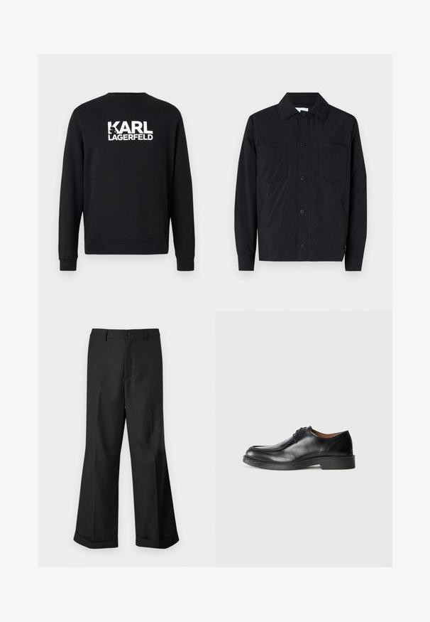 Svart knappjakke laget av lett stoff, med to brystlommer, rett krage og lange ermer. Glatt tekstur uten mønster.; Svart hettegenser med lange ermer, rund hals og ribbede mansjetter. Har hvit "KARL LAGERFELD" logo trykt på ryggen. Glatt tekstur.; Svart vide buks med knappet midjebånd og oppbrettede nederkant, vist mot en enkel hvit bakgrunn.; Svarte lærdressko med rund tå, glatt overflate, snøredetaljer og lav, teksturert gummisåle. Rette linjer og minimalistisk design.