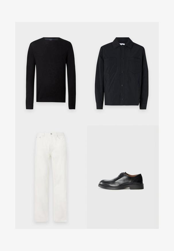 Zwarte button-up jas van lichtgewicht stof, met twee borstzakken, een rechte kraag en lange mouwen. Gladde textuur en geen patronen.; Zwarte trui met een ronde halslijn en lange mouwen. Heeft een textuurpatroon en geribbelde manchetten voor een getailleerde silhouette.; Witte denim jeans met een rechte pijp, knoop- en ritsluiting, vijf-pocket ontwerp en geen zichtbare patronen of accenten.; Zwarte leren dresschoenen met een ronde neus, een gladde afwerking, veters en een lage, gestructureerde rubberen zool. Strakke lijnen en een minimalistisch ontwerp.