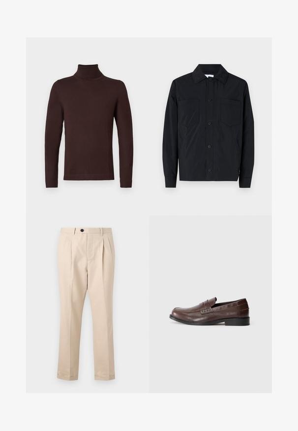 Schwarze Button-up-Jacke aus leichtem Stoff, ausgestattet mit zwei Brusttaschen, einem geraden Kragen und langen Ärmeln. Glatter Stoff und ohne Muster.; Dunkelbrauner, langärmliger Rollkragenpullover mit schmaler Passform, auf einem schlichten weißen Hintergrund präsentiert.; Beige Plièrehosen aus glattem Stoff, mit Reißverschluss und Knopfverschluss, geradliniger Schnitt und umgeschlagenen Säumen.; Braune Lederloafers mit glatter Oberfläche, runder Zehenform und niedrigem schwarzen Absatz. Verfügt über einen dekorativen Penny-Riemen. Seitenansicht.