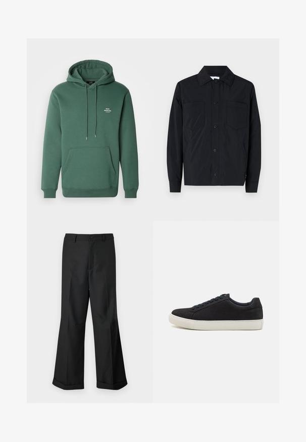 Fekete gombos dzseki könnyű anyagból, két mellzsebel, egyenes gallér és hosszú ujjak jellemzik. Sima felület, mintázat nélkül.; Zöld kapucnis pulóver, puha anyagból, elülső zsebbel, húzózsinórral és egy kis fehér logóval a mellkasán. Klasszikus szabású és bordázott mandzsettával rendelkezik.; Fekete, bő szárú nadrág gombos derékkal és felhajtott szegélyekkel, sima fehér háttér előtt bemutatva.; Fekete velúr sneaker, lekerekített orral, fehér gumitalppal, kontrasztos kék fűzőkkel és sima felülettel. Minimalista dizájn, látható logó nélkül.