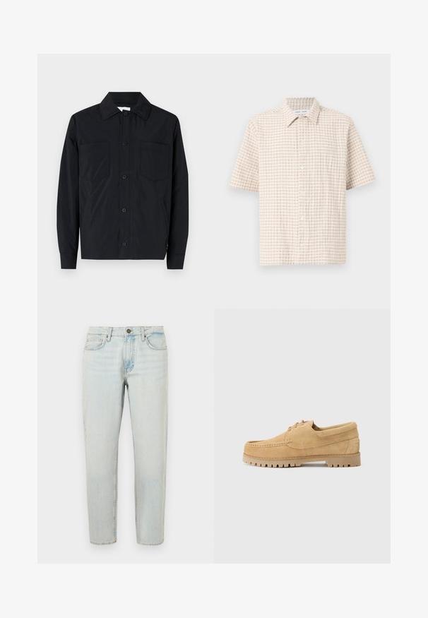 Melna pogu jaka ar īsu piedurkni, izgatavota no viegla auduma, ar divām krūšu kabatām, taisnu apkakli un garām piedurknēm. Gluda tekstūra un bez rakstiem.; Īsās piedurknes, gaiši beigu krekls ar maigu brūnu režģa rakstu, pogu priekšpusi un klasisku apkakli. Gluda auduma tekstūra.; Gaiši zili džinsi ar taisnas kājas piegriezumu, piecu kabatu dizainu un pogu aizdari. Audums ir ar izbalējušu, nedaudz nolietotu tekstūru.; Brūni zābaki ar mokasīnu dizainu, ar apaļu purngalu, saistēm un biezu, strukturētu gumijas zoli ar protektora rakstu.