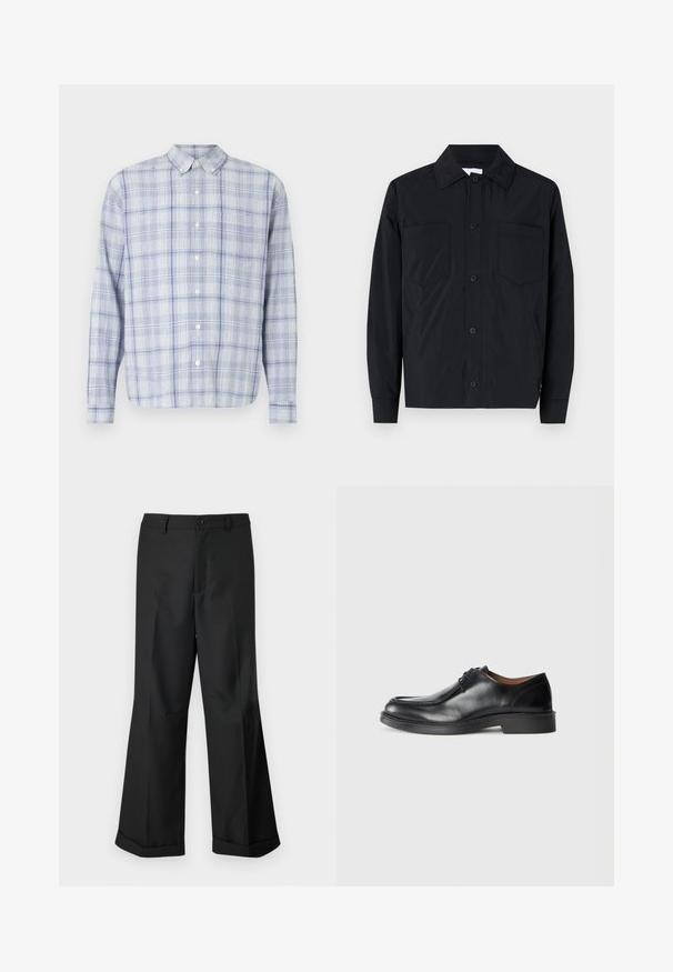 Schwarze Button-up-Jacke aus leichtem Stoff, ausgestattet mit zwei Brusttaschen, einem geraden Kragen und langen Ärmeln. Glatter Stoff und ohne Muster.; Langärmliges Hemd mit Knopfleiste in hellblau-weißer Karomusterung. Verfügt über einen klassischen Kragen und ein weiches, strukturiertes Gewebe.; Schwarze weit geschnittene Hosen mit geknöpftem Bund und umgeschlagenen Säumen, vor einem schlichten weißen Hintergrund präsentiert.; Schwarze Leder-Dressschuhe mit abgerundetem Zehenbereich, glatter Oberfläche, Schnürdetails und einer niedrigen, strukturierten Gummisohle. Saubere Linien und minimalistisches Design.