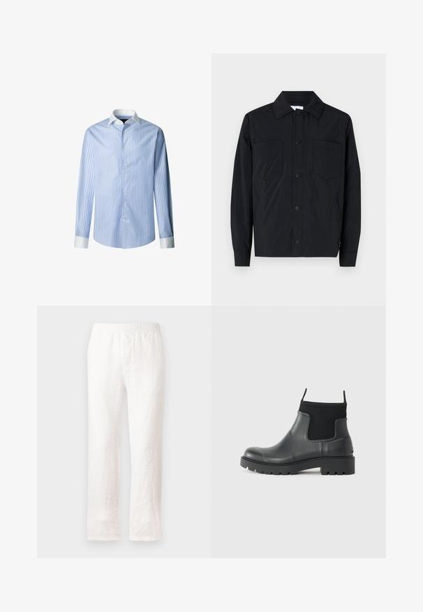 Chaqueta negra de botones, confeccionada en tela ligera, que cuenta con dos bolsillos en el pecho, un cuello recto y mangas largas. Textura suave y sin patrones.; Camisa de vestir a rayas azul claro con cuello y puños blancos. Cuenta con un cierre frontal de botones y mangas largas, fabricada en tejido entrelazado.; Pantalones de lino blanco con cinturilla elástica, diseño de pierna recta y tela ligeramente texturizada. Sin patrones ni detalles adicionales.; Botas de tobillo negras de goma con acabado mate, que presentan un diseño elegante, paneles elásticos y una suela gruesa para mayor tracción.