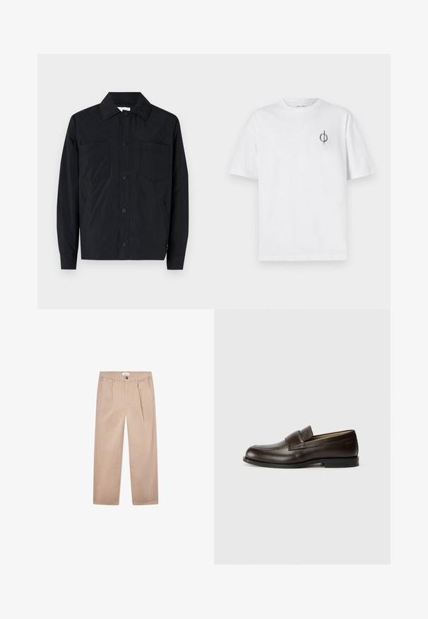 Juodas lengvas audinys, marškininė striukė su dviem krūtinės kišenėmis, tiesiu apykakle ir ilgomis rankovėmis. Lygus paviršius be raštų.; Balta medvilninė marškinė su laisvu siluetu, su mažą juodą grafiką logotipą kairėje krūtinės pusėje. Trumpomis rankovėmis, apvaliu kaklu.; Medvilniniai chaki spalvos kelnių su tiesiomis kojomis, turinčių dvi priekinės kišenes, sagą ir klasikinį siluetą.; Calvin Klein Įmautiniai batai - cocoa brown