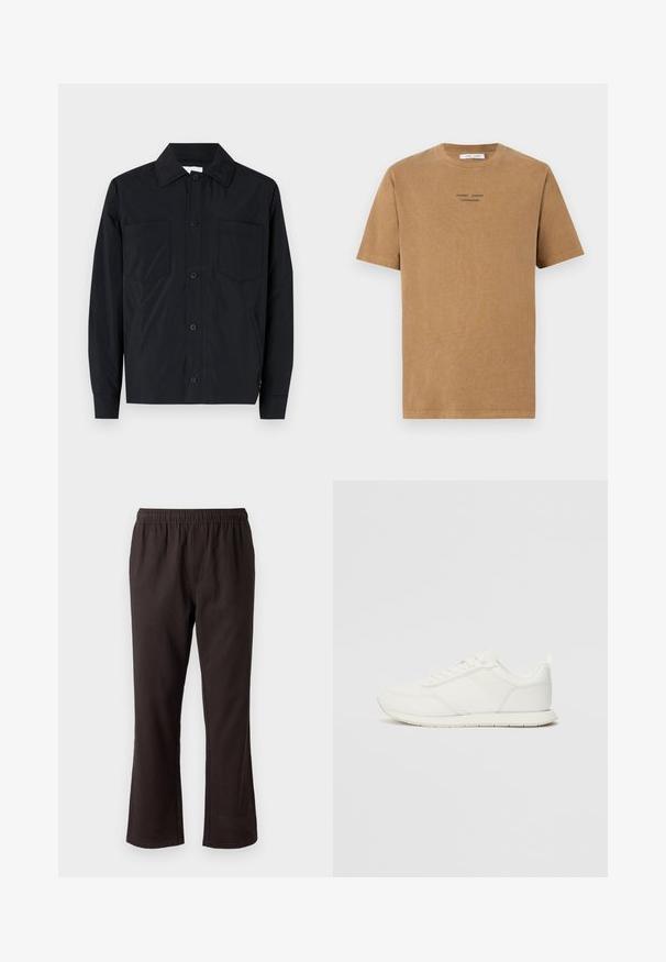 Čierna bunda na gombíky vyrobená z ľahkého materiálu, s dvoma náprsníkovými vreckami, rovnými golierom a dlhými rukávmi. Hladká textúra a bez vzorov.; Hnedé bavlnené tričko s okrúhlym výstrihom, krátkymi rukávmi a čiernym textom "SAMSE SAMSE COPENHAGEN" na prednej strane.; Čierne, rozšírené nohavice zo zmesi bavlny s elastickým pásom, ktoré majú hladkú textúru a jednoduchý dizajn bez viditeľných švov alebo ozdôb.; Biele tenisky s sieťovaným a syntetickým zvrškom, okrúly špička, ploché šnúrky a štruktúrovaný pruh na boku. Gumová podrážka s pútkom na zadnej strane.