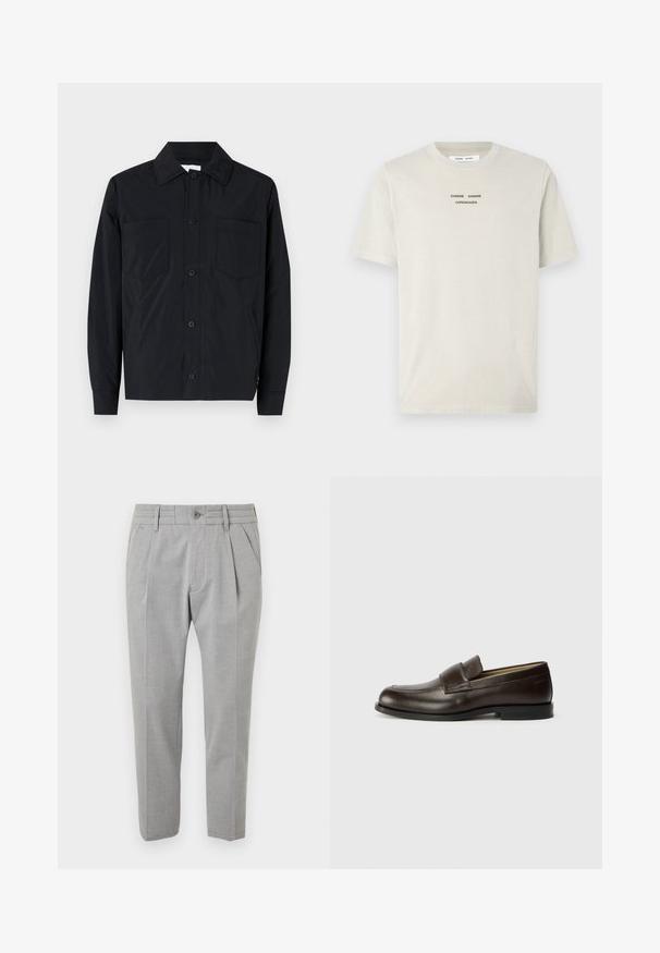 Black button-up jacket made of lightweight fabric, featuring two chest pockets, a straight collar, and long sleeves. Smooth texture and no patterns.; Light beige cotton t-shirt featuring short sleeves, crew neck, and black printed text "SAMSE SAMSØ COPENHAGEN" centered on the chest.; Gray tailored trousers with a smooth texture, featuring a pleated design, front pockets, a belt loop waistband, and a button closure.; Calvin Klein Slip-ons - cocoa brown