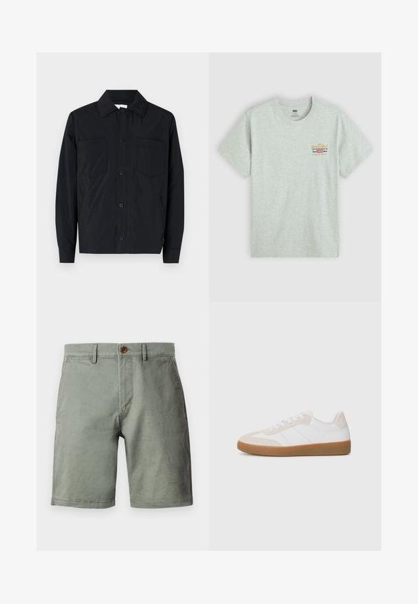 Juodas lengvas audinys, marškininė striukė su dviem krūtinės kišenėmis, tiesiu apykakle ir ilgomis rankovėmis. Lygus paviršius be raštų.; Pilkas medvilnės marškinėliai trumpomis rankovėmis, apvaliu kaklu, su daugiakampiu prekės ženklo logotipo spaudiniu viršutiniame kairiajame kampe. Glotni tekstūra.; Šviesiai žali šortai iš medvilnės mišinio, su priekiniais mygtukais, diržo kilpomis ir plokščiu priekiniu dizainu. Lygus paviršius, iki kelių.; Balti ir smėlio spalvos sportiniai bateliai su zomšos ir odos elementais. Su guminiu padu, raištelių dizainu ir minimalistinėmis šoninėmis juostelėmis.